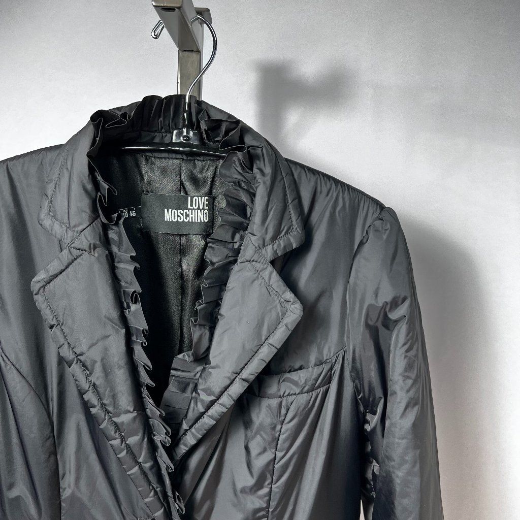 Vtg Love Moschino Black Nylon Ruffled Mid-Length Coat Size 10